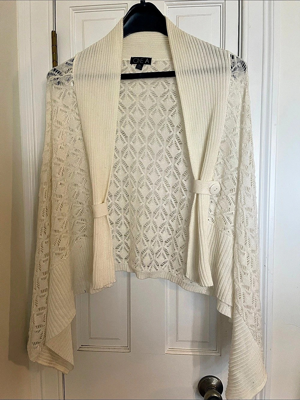 One A Womens XL Cream Pointelle Crochet Knit Draped Open Front Cardigan Sweater